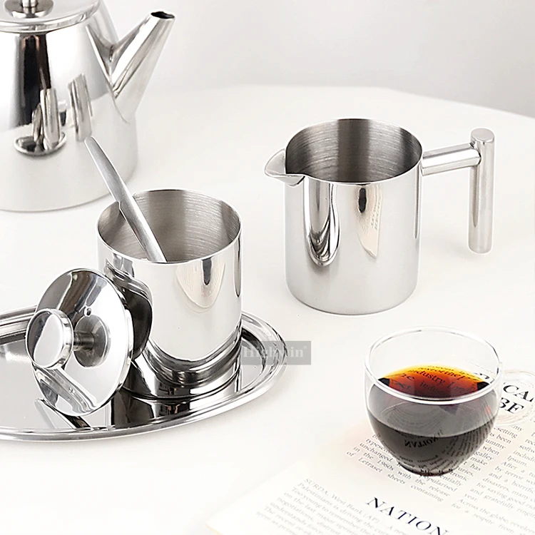 HIGHWIN New Arrival Sugar and Creamer Set Sugar Bowl with Lid and Spoon Stainless Steel Coffee Serving Set