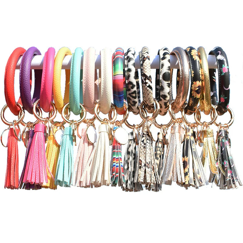 High quality PU leather Self defense keychain set  wristlet  holder  leather  tassel keychain wristlet