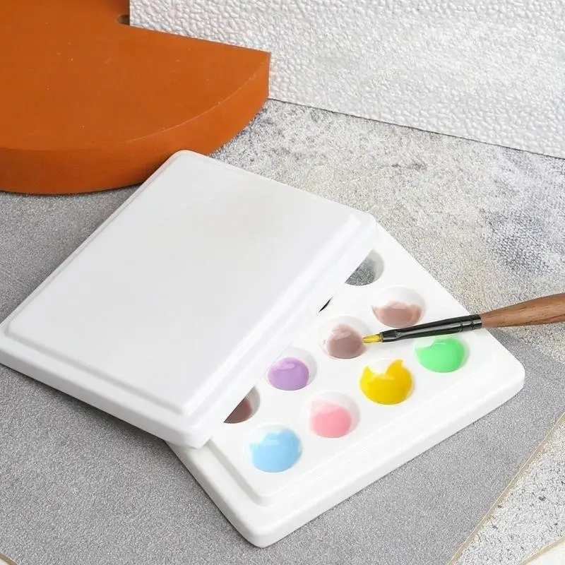 Hot Selling 12 Wells Square Shape Porcelain Paint Palette With Cover Washable White Ceramic Paint Palette for Paint Mixing Using