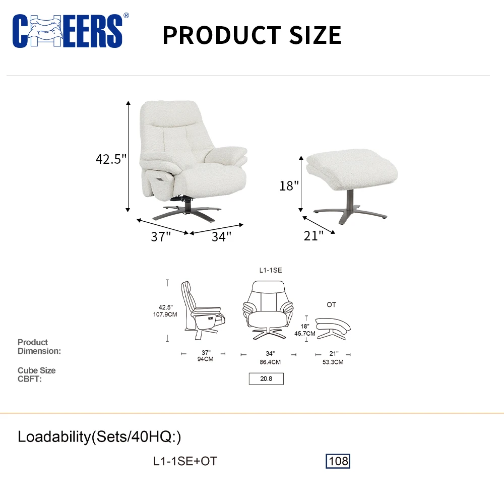 MANWAH CHEERS New Electric Fashional Fabric  Swiveling Recliner Chair Sofa Living Room Sofa Set  with ottoman and USB charger
