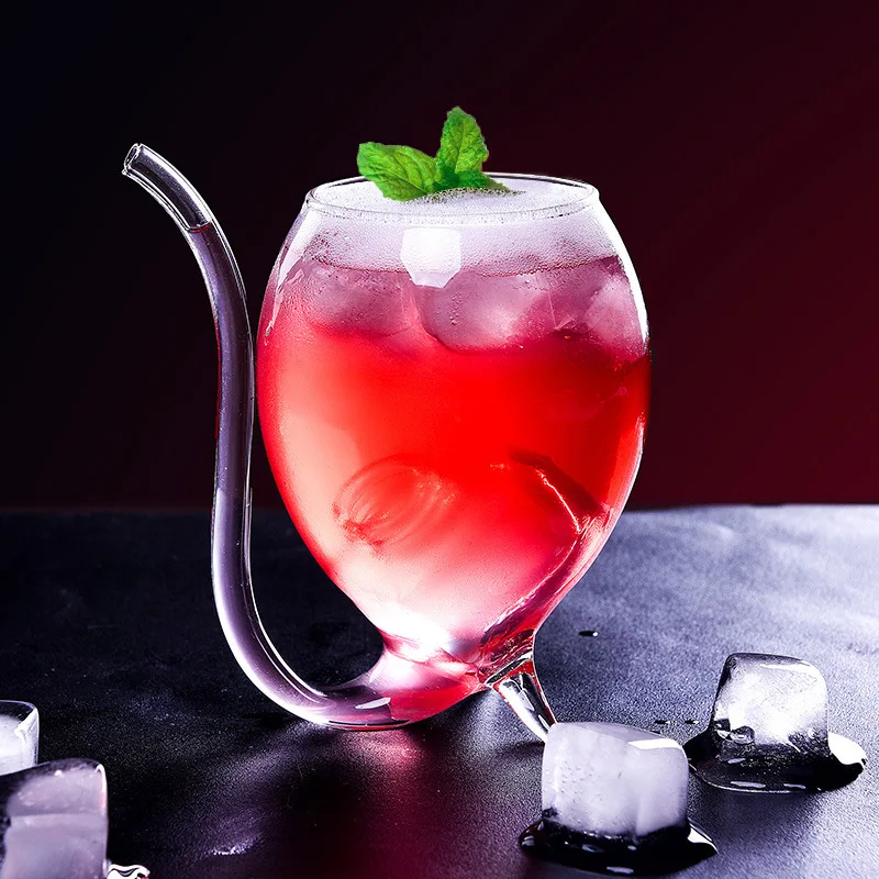 Creative Hand Blown High Borosilicate Glass 300ml Vampire Wine Cocktail Glass with Built-in Glass Straw