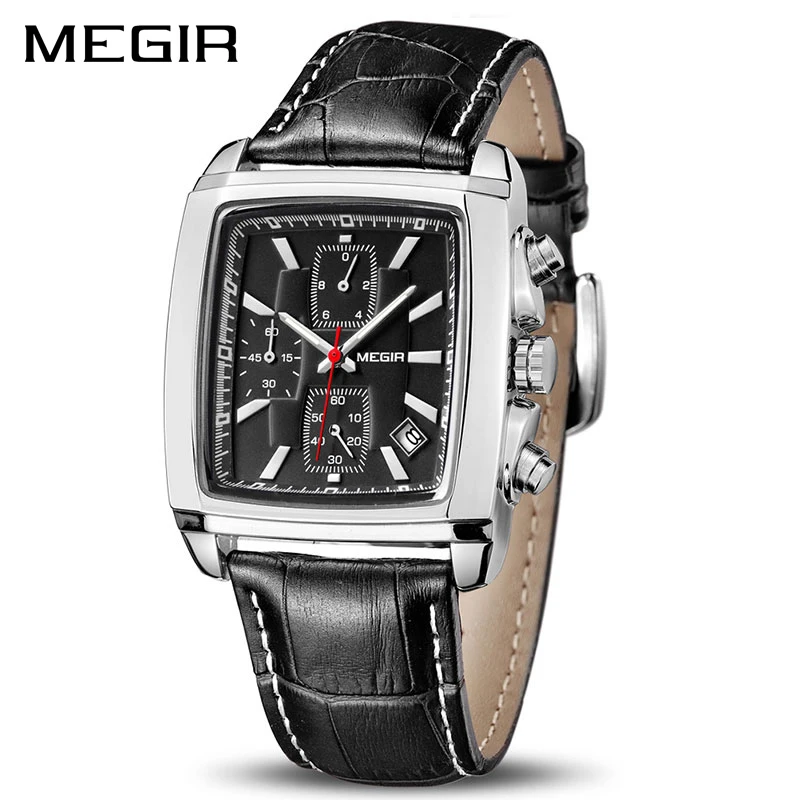 MEGIR 2028 Luxury Quartz Watch Leather Strap Waterproof Sports Chronograph Square Wrist Watch Luminous Hand Men business watch