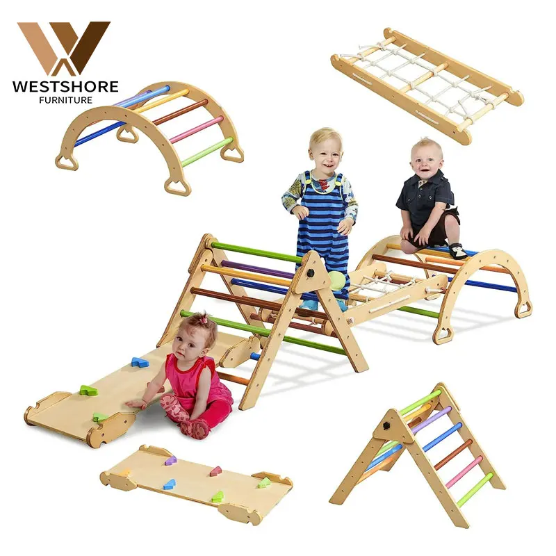 Coloful Wooden Montessori Climbing Triangle Arch With Ramp Gym Toy Indoor Play Triangle Climber Slide Set For Kid Exercise