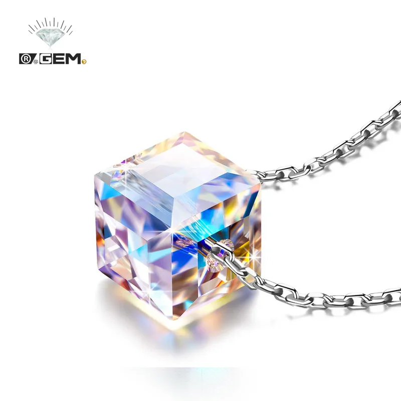 R.GEM. Allergy Free Simple Jewelry Platinum Plating S925 Silver Choker Necklace Cubic Crystals Pendant Necklace for Women