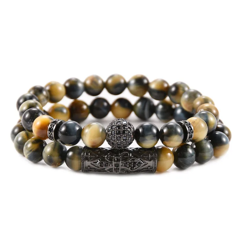 European Handmade Luxury 2Pcs/Set Elastic 10mm Micro Pave CZ Ball Natural Purple Tiger Eye Stone Beaded Bracelet Set