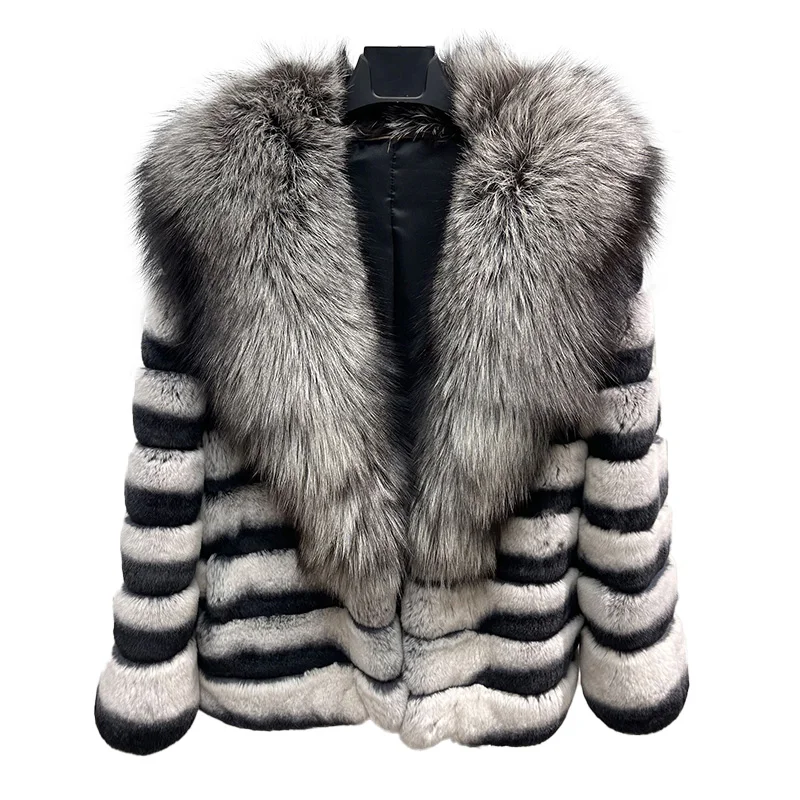 Luxury Winter Warm Short Cropped Fur Coat Dyed Chinchilla Rabbit Women Fur Coat with Fox Fur Collar