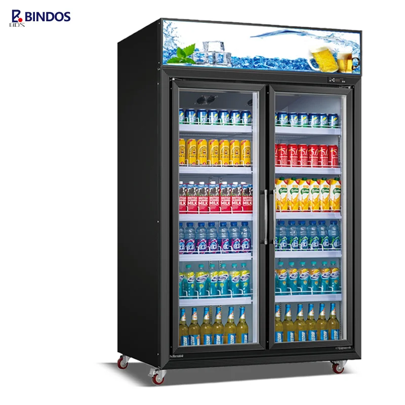 Single-Temperature Commercial Vertical Beverage Cooler Double Doors Supermarket Display Refrigerator Milk Fresh-Keeping Freezer