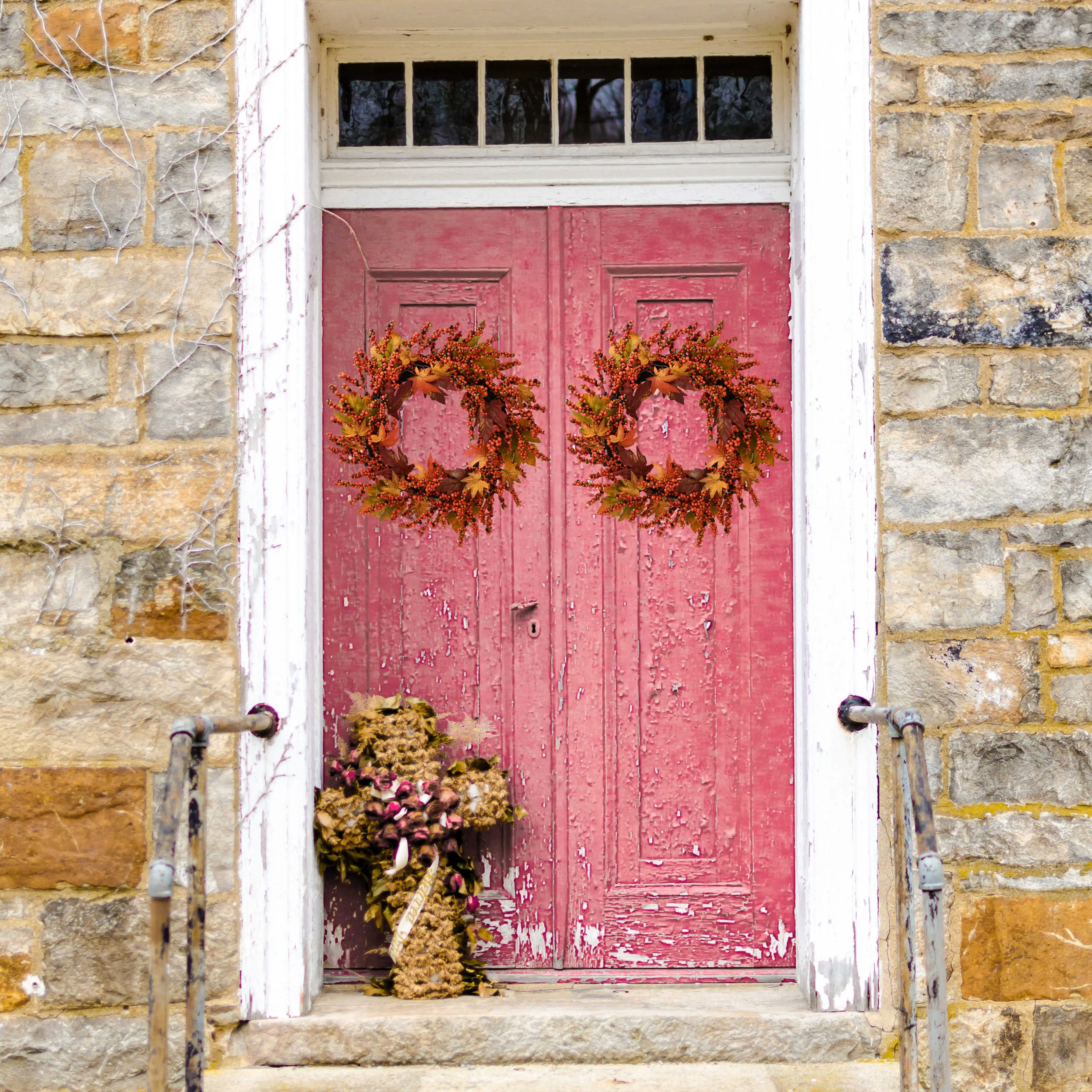 24 Inch Fall Maple Leaves Hanging Decorative Artificial Foam Berries Twigs Autumn Door Wreath