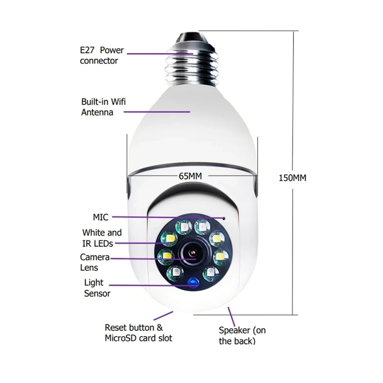Главная Смарт Беспроводная Ip Hd 360 градусов видеонаблюдения Ptz электрическая лампочка с поддержкой Wi-Fi Cctv сетевая