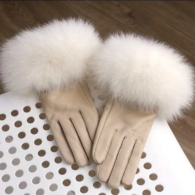 Chinese factory XJ High Quality fashion windproof Outdoor motorcycle Warm Women winter Leather Gloves with fox fur