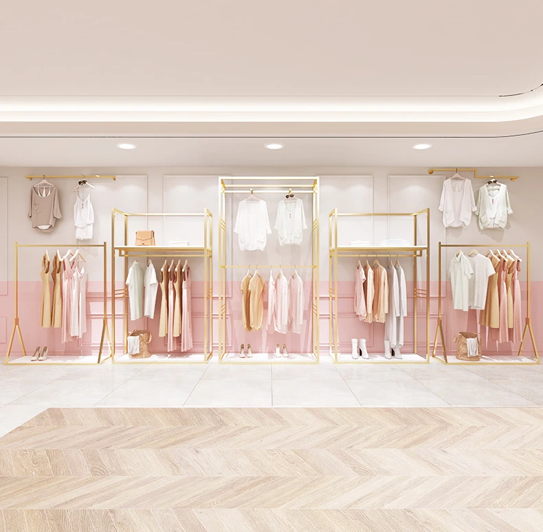 
Custom Clothing Store Wall Mount Garment Clothes Stand Metal Cloth Display Stainless Steel Shiny Gold Clothing Rack for Shop 