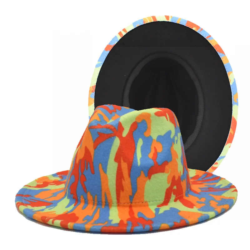 Tie Dye Fedora Hats Women Wholesale 2021 Sun Hats Wide Brim Graffiti Fadora Two Tone Felt Men Fedora Hats