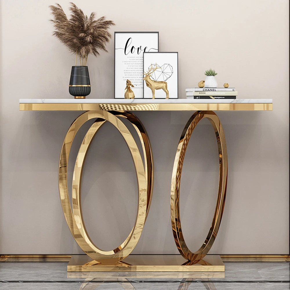Luxury Living Room Furniture Gold Hallway Mirror Marble Glass Gold Metal Frame Console Table for Home
