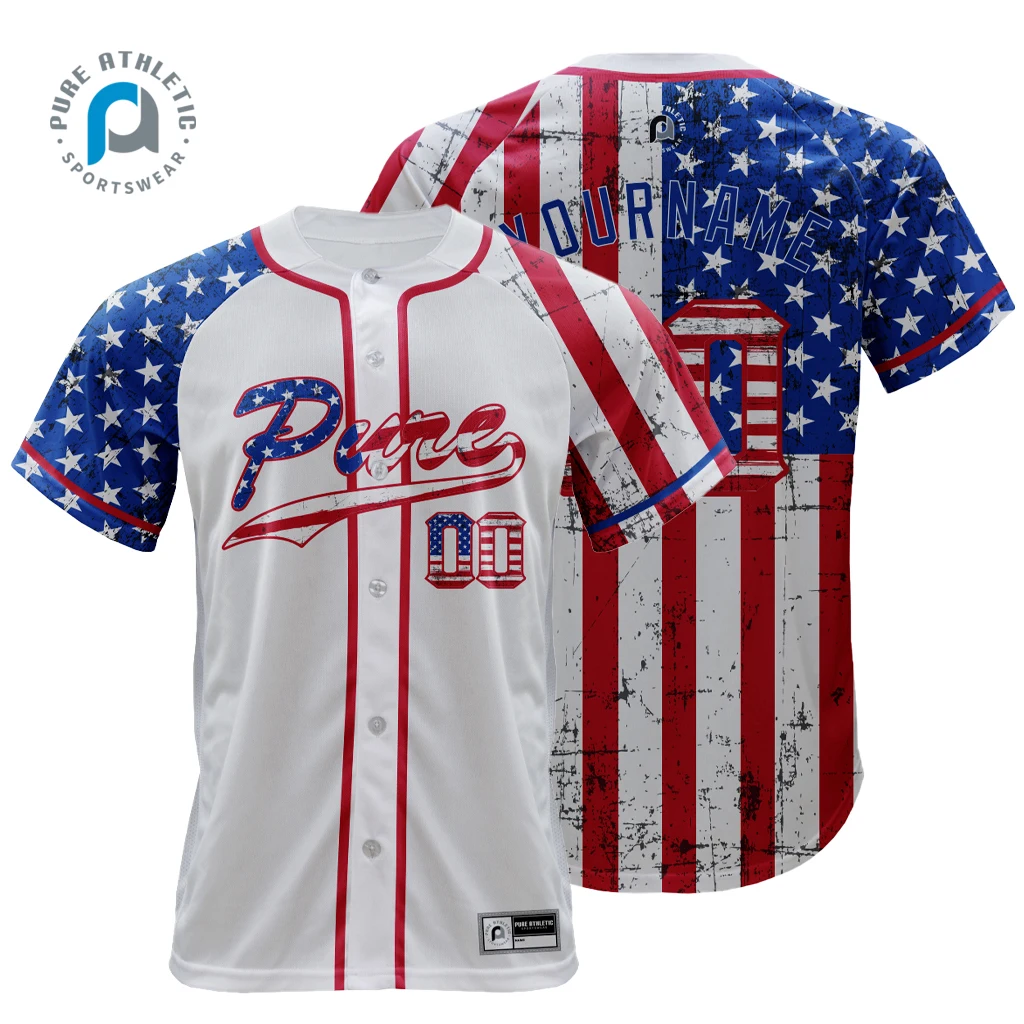 Custom sublimation full buttons baseball jersey training baseball & softball uniform pants USA flag baseball wear shirt men