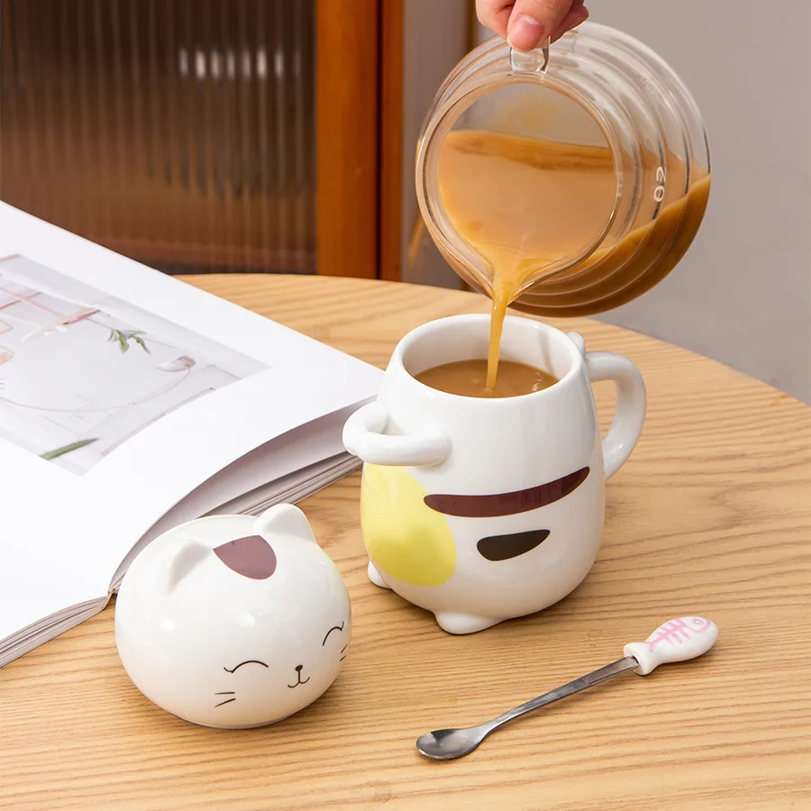 Super Cute 3D Cartoon Cat Ceramic Mug With Cover And Spoon Couple Ceramic Water Cup Breakfast Coffee Cup