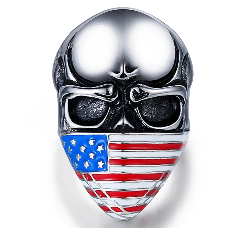 custom Silver Wholesale Fashionable American Flag Masked Skull Biker Ring for man