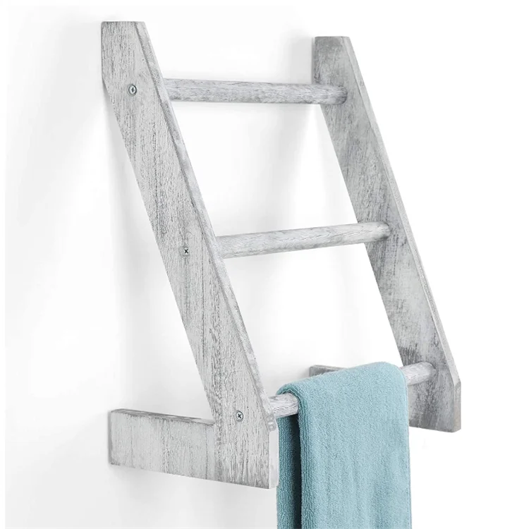 Custom wholesale 3 tier wall mounted farmhouse wooden blanket ladder decorative towel rack