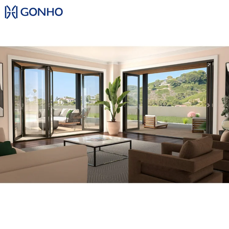 GONHO Balcony Accordion Bifold Door Design Exterior Tempered Glass Patio Accordion Folding Doors