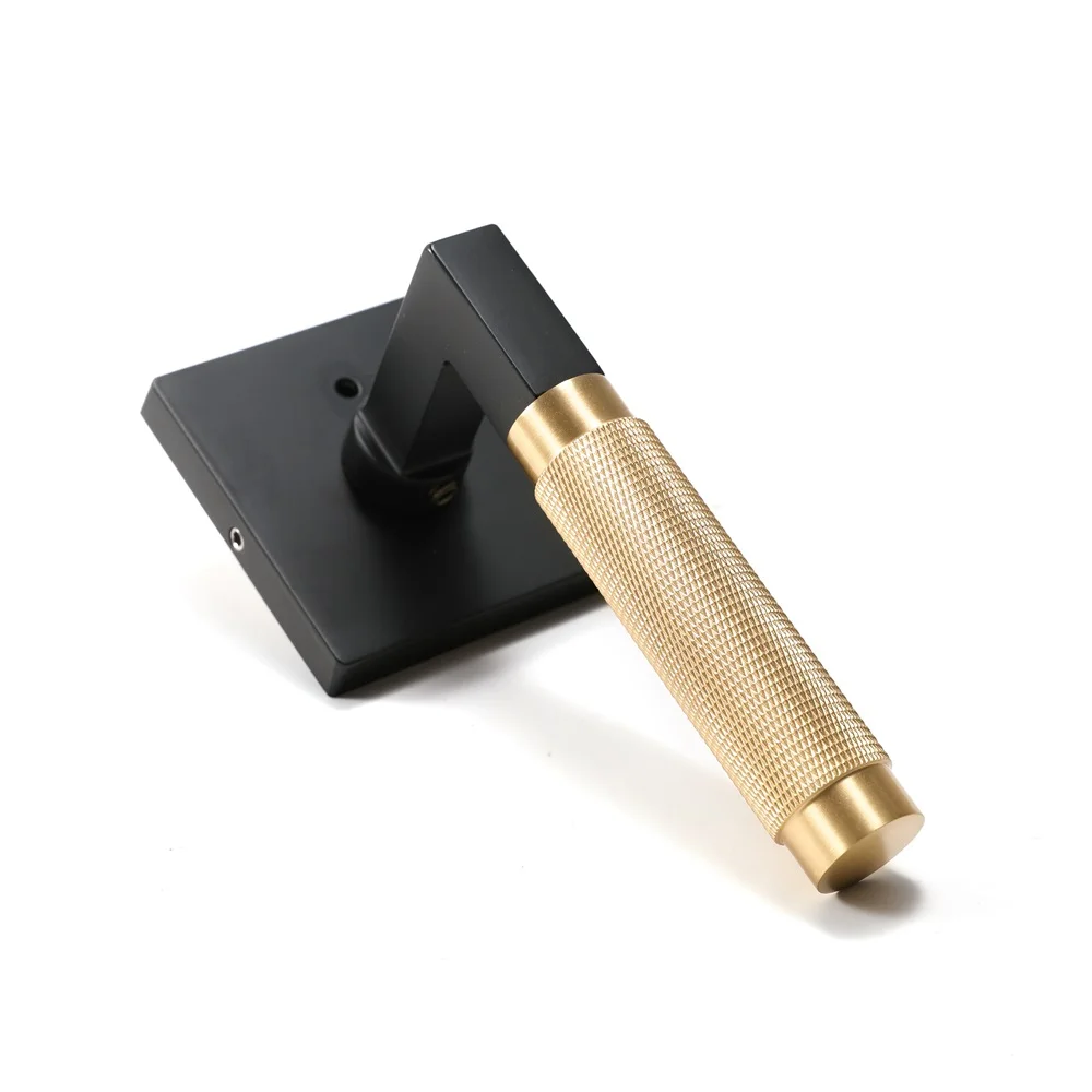American Style Knurled Brass Door Handle, High End Black Golden Lever, Interior Privacy Door Lock Handle with Square Rosette