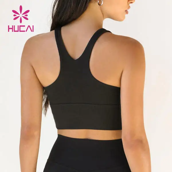 HUCAI custom logo Recycled Nylon racerback Contoured U neck slim fitting curved workout gym yoga crop tank top sports bra