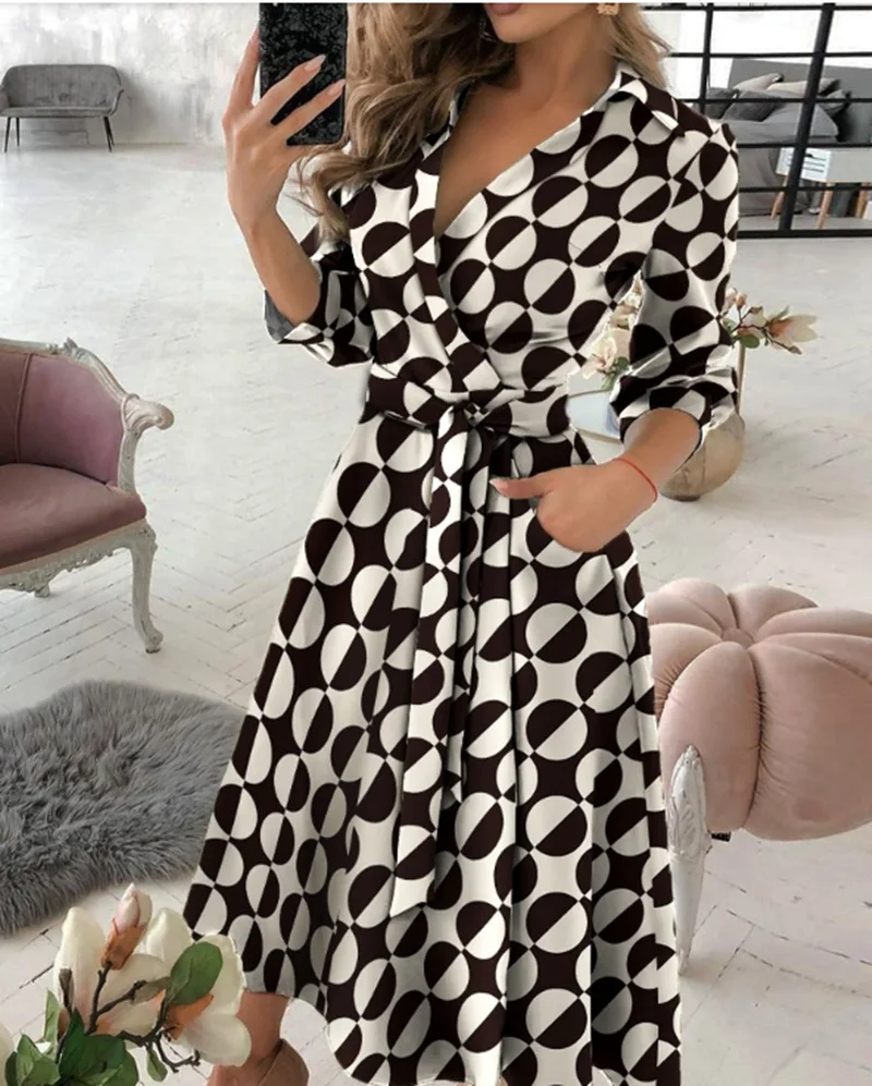 2022 Women casual offical dress high quality printing long sleeve maxi dress with pocket