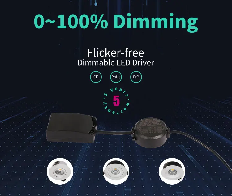 Flicker free downlight dimmable LED driver round slim constant current LED driver