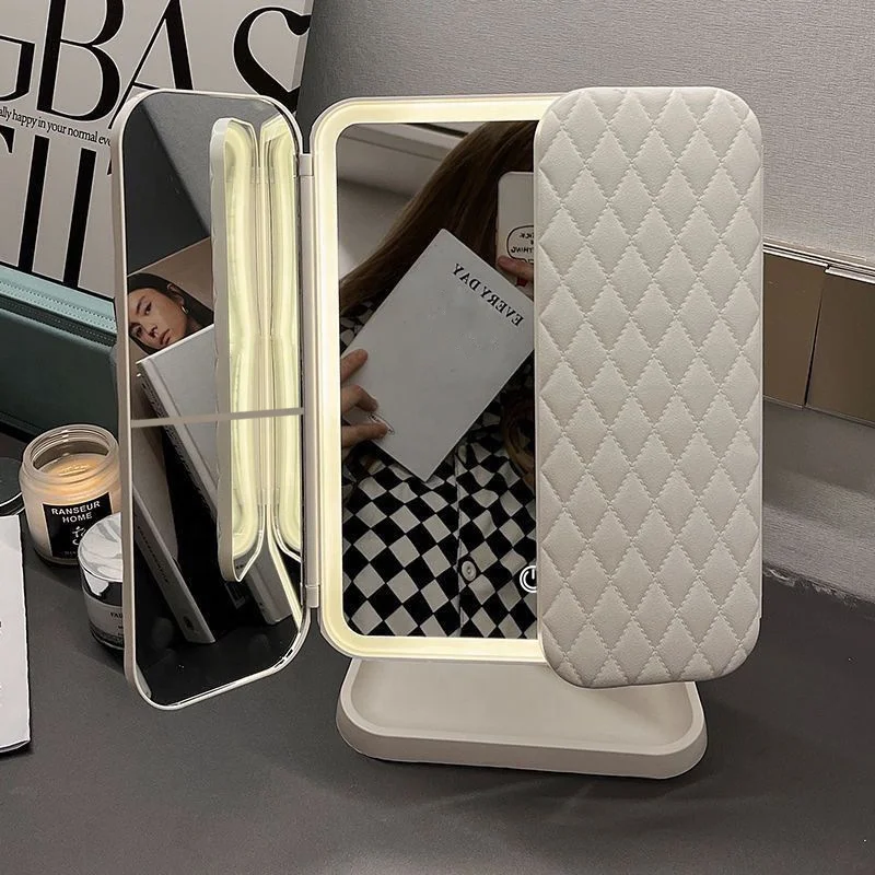 Smart Led Desktop Three-Folding Shell Leather Mirror Rotating Touch Infinite Dimming Makeup Mirror Dressing Mirror Storage Box