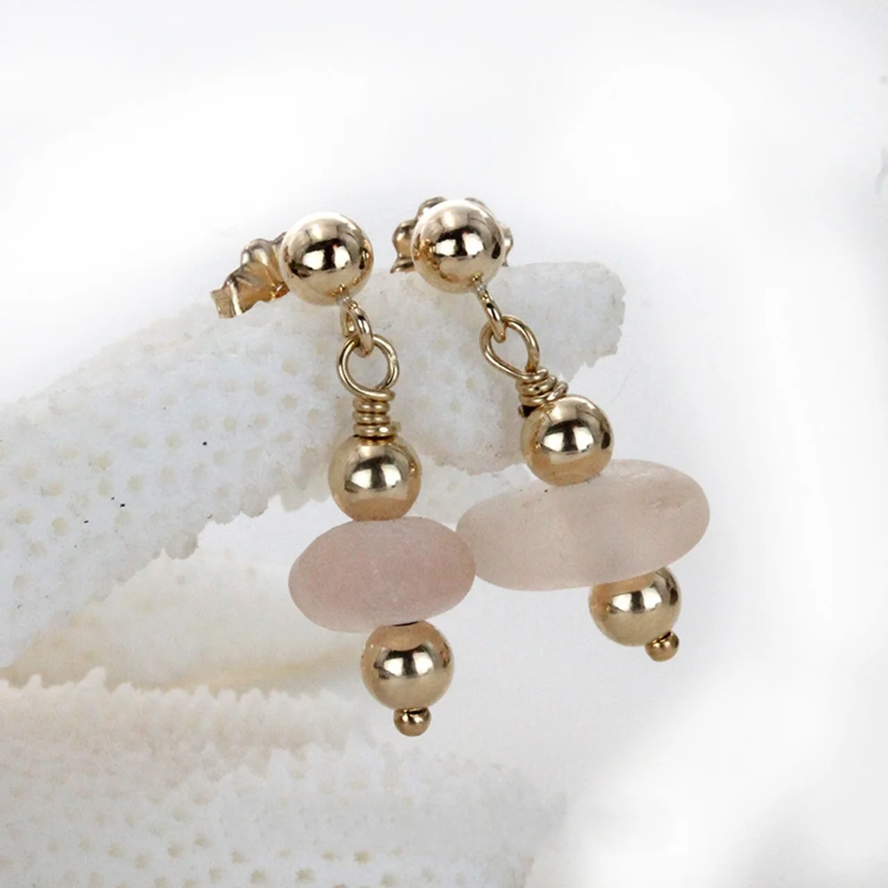 Peach Depression Era Genuine Sea Glass Earrings In On 14K Gold filled Posts
