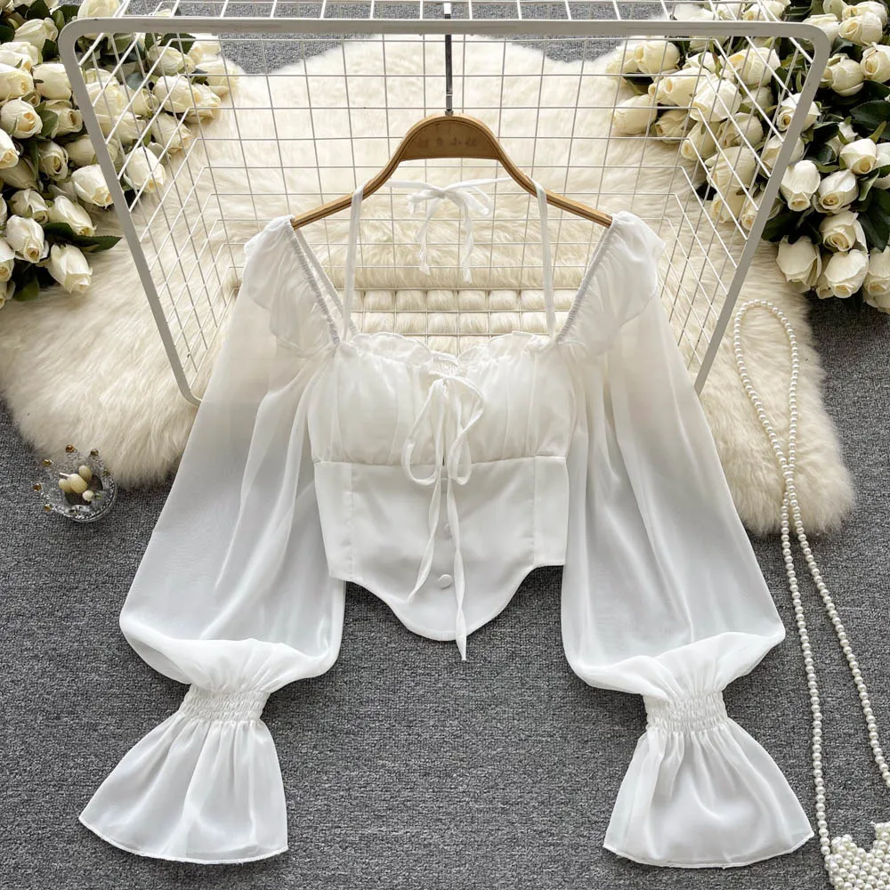 Autumn Full Sleeve Square Collar Shirts Women Crop Top Solid Casual Blouse Ladies Y2k Clothing Clothes Women Wholesale