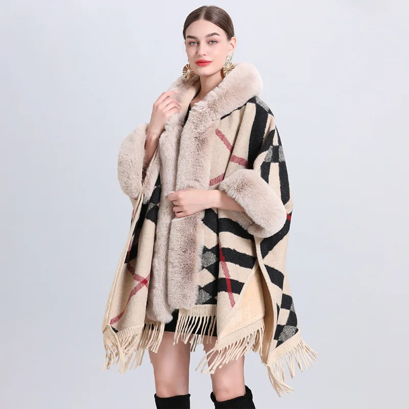Customized Christmas Fur Neck And Cuff Cloak Free Size Women Thicken Cape Coat