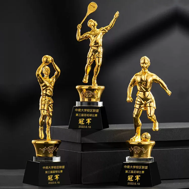 Custom Sports Award Football Metal Cycling Statue Gold Sport Trophy Cups With Black Crystal Glass Base Supplies