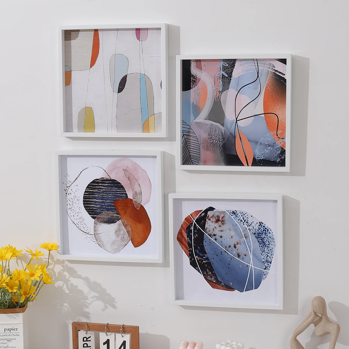1PC Wood Photo Frame - Abstract Color Block Small Art Modern Simple Home Hanging Pictures square Living Room Murals