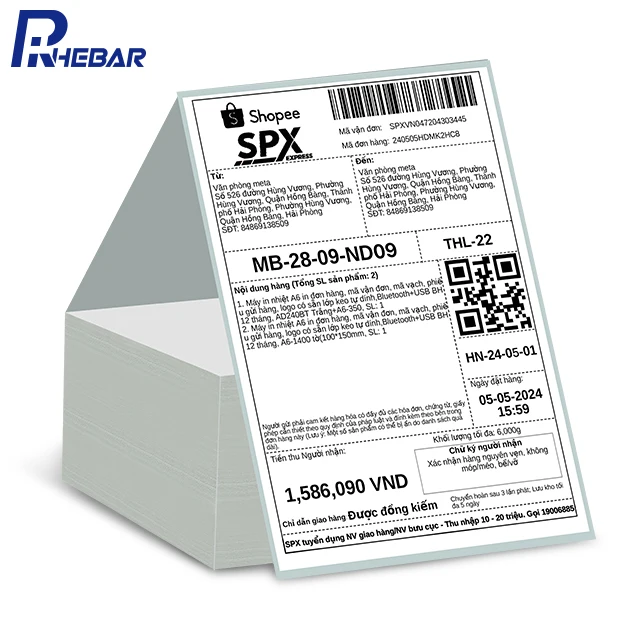 Rhebar Oem Printed Self Adhesive A6 Size Labels Sticker Paper 4x6 High Speed Thermal Shipping Label Barcode Printing
