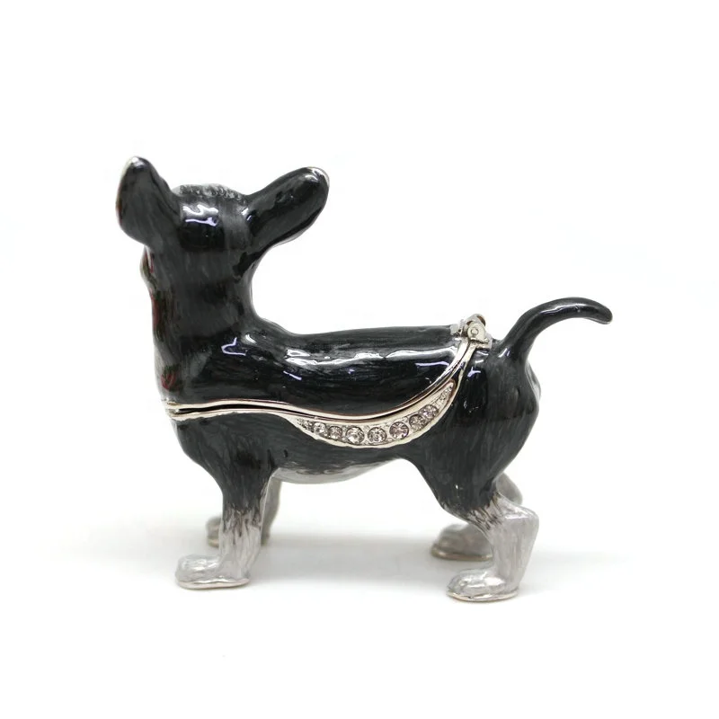 SHINNYGIFTS Pewter Dog Trinket Box Pug Chihuahua Gemstone Jewelry Box  Hinged Hand-painted Chihuahua dog Ring Hold