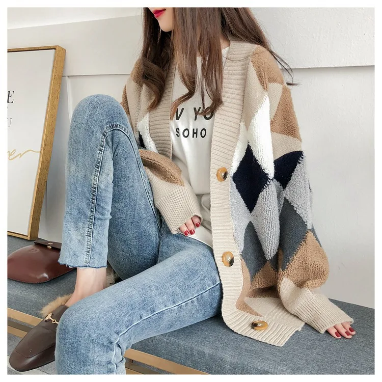 Women's 2023 Autumn Winter Puff Sleeve Sweater Casual Loose Single Breasted V-Neck Plaid Cardigans