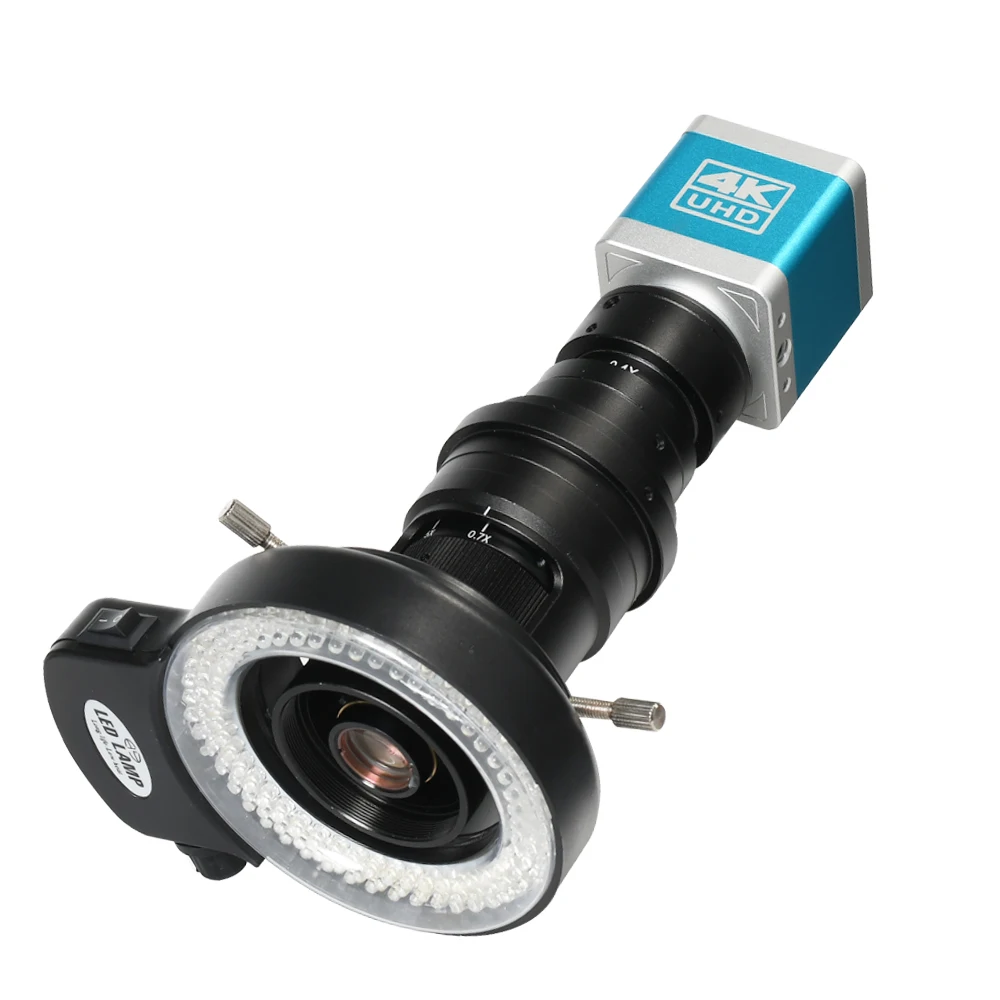 Ultra HD 4K 1080P USB HDMI Digital Microscope Camera +0.7-5X Magnification HD Lens+144LED Ring Light Lamp
