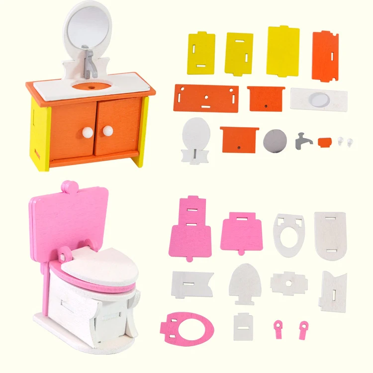 Kids Jigsaw Puzzle Wooden Furniture Educational Pretend Toy Sets with Glue For Children Birthday Gifts Finger Exercise Wood