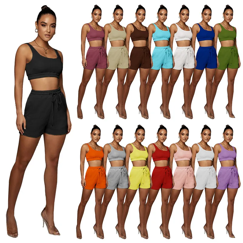Hot sale two piece set crop tops seamless Biker Shorts Sports Tank Top Outfits Bodycon 2 piece sets women