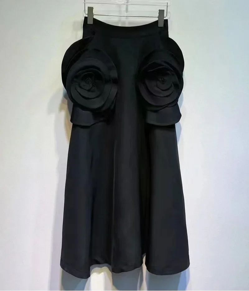 High Quality New Long Skirts 2024 Spring Summer Style Women Hand Made Flower Deco Big Swing Party Elegant Red Black Club Skirt