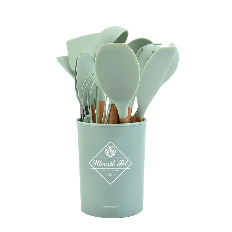 
2021 Amazon hot sale Colorful 12 Pcs Silicone Cooking Sets Kitchen Accessories Wooden Handle cookware Sets 