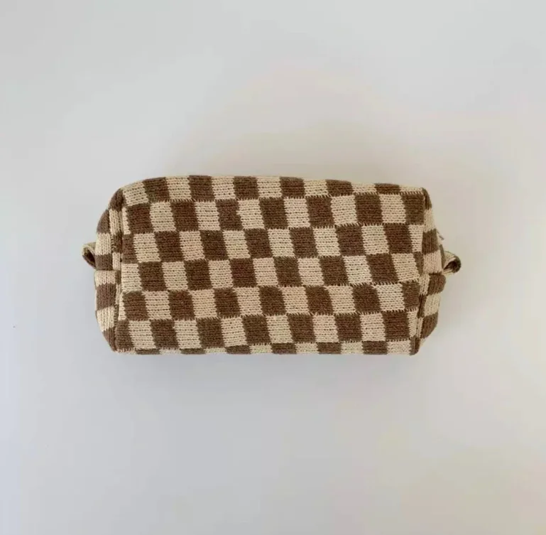 Personalized Chenille Patch Checkered Cosmetic Bag Checker Travel Makeup Bag