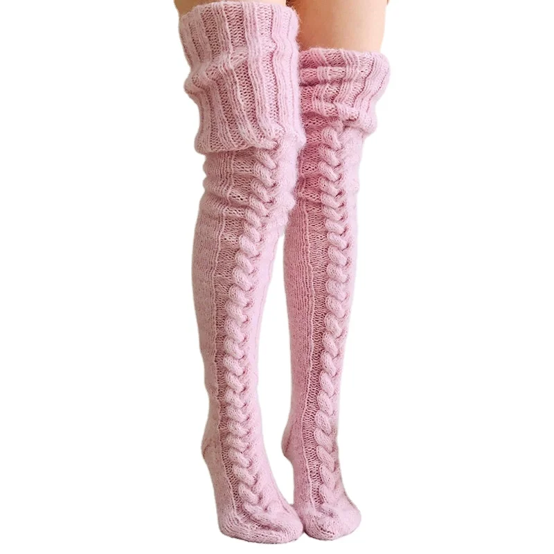 2021 new winter warm wool leg knitted thigh high socks thick extra long over the knee slouch socks for women