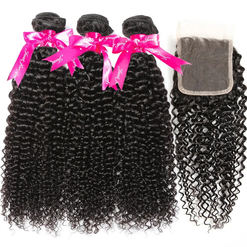 10A Kinky Curly Weave Real Human Hair Bundles with Closure Brazilian Curly 100% Unprocessed 12a Pack Hair 3 Bundles with Closure