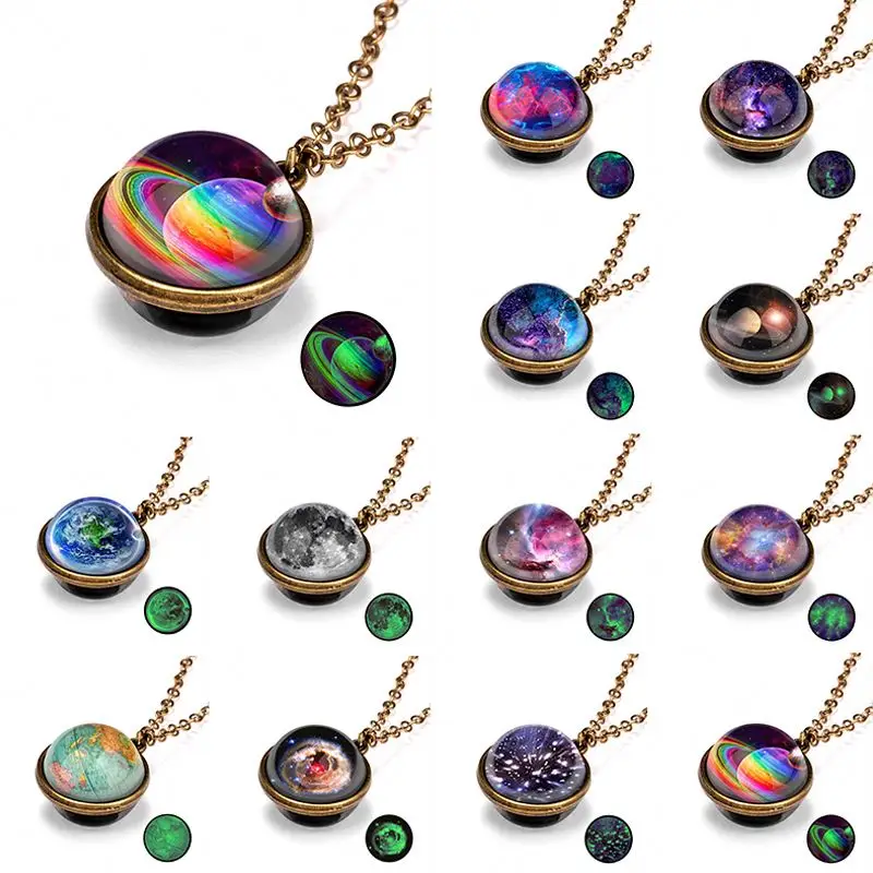 Double Side Glass Ball Necklace Vintage Galaxy Astronomy Pendant Necklace Universe Planet Cosmic Luminous Jewelry M0053
