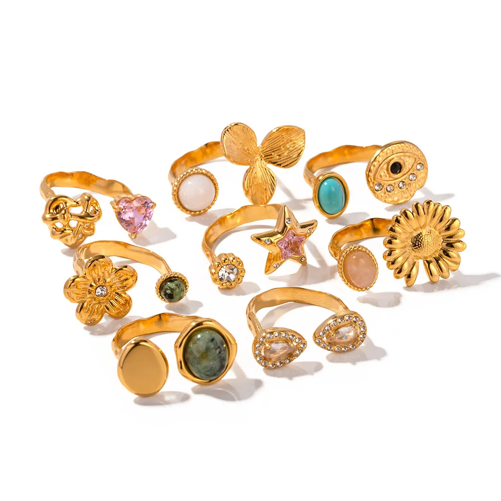 ODM bague or 18k Cubic Zircon Eye Rings Stainless Steel Natural Stone Lava Flower Turquoise CZ Stone Open Rings