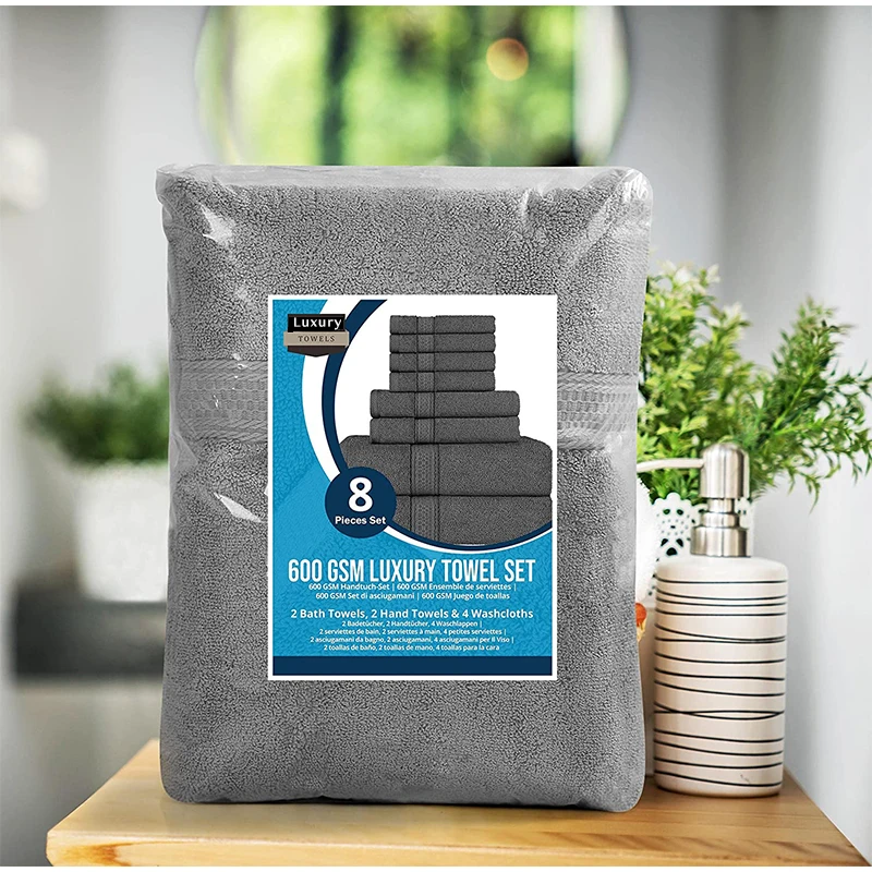 Highly Absorbent 100% Cotton 2 Bath Towels 2 Hand Towels 4 Washcloths 8 Piece Dobby border Towel Set for bathroom shower