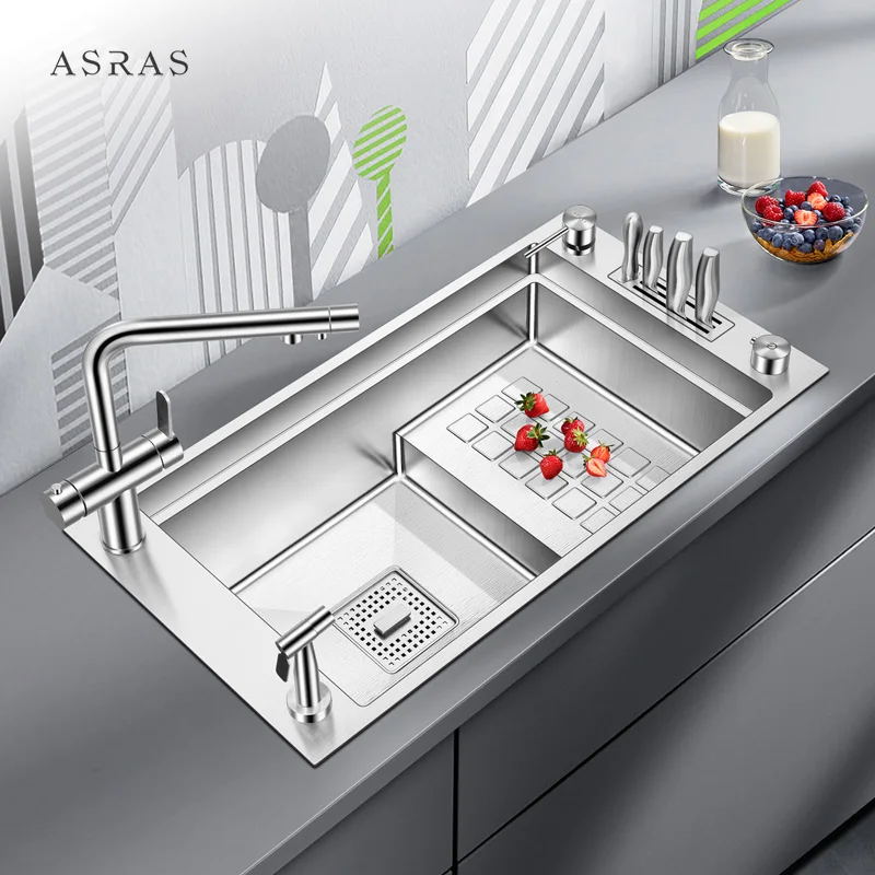 Asras Stainless Steel 304 single bowl Handmade Sink stepped-base sink 8143J for Kitchen Hotel Villa Apartment
