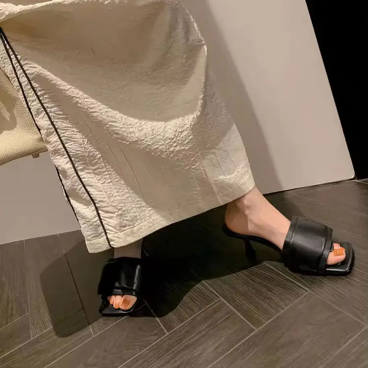 XINZI RAIN Summer Comfortable Ladies Sandals Square Toe Real Leather Soft Foam Padding Sole 6cm Mid Heel Women Slides Sandals