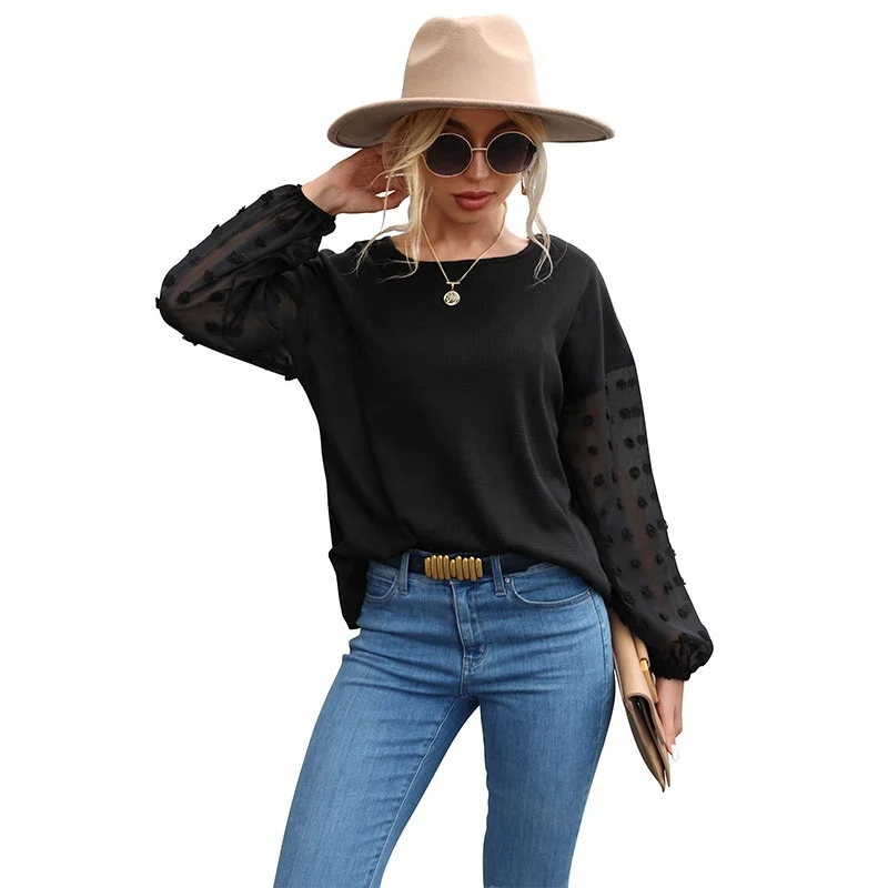 Black Dot Tops for Women Lantern Sleeve V Neck Chiffon Blouses Casual Work Shirts