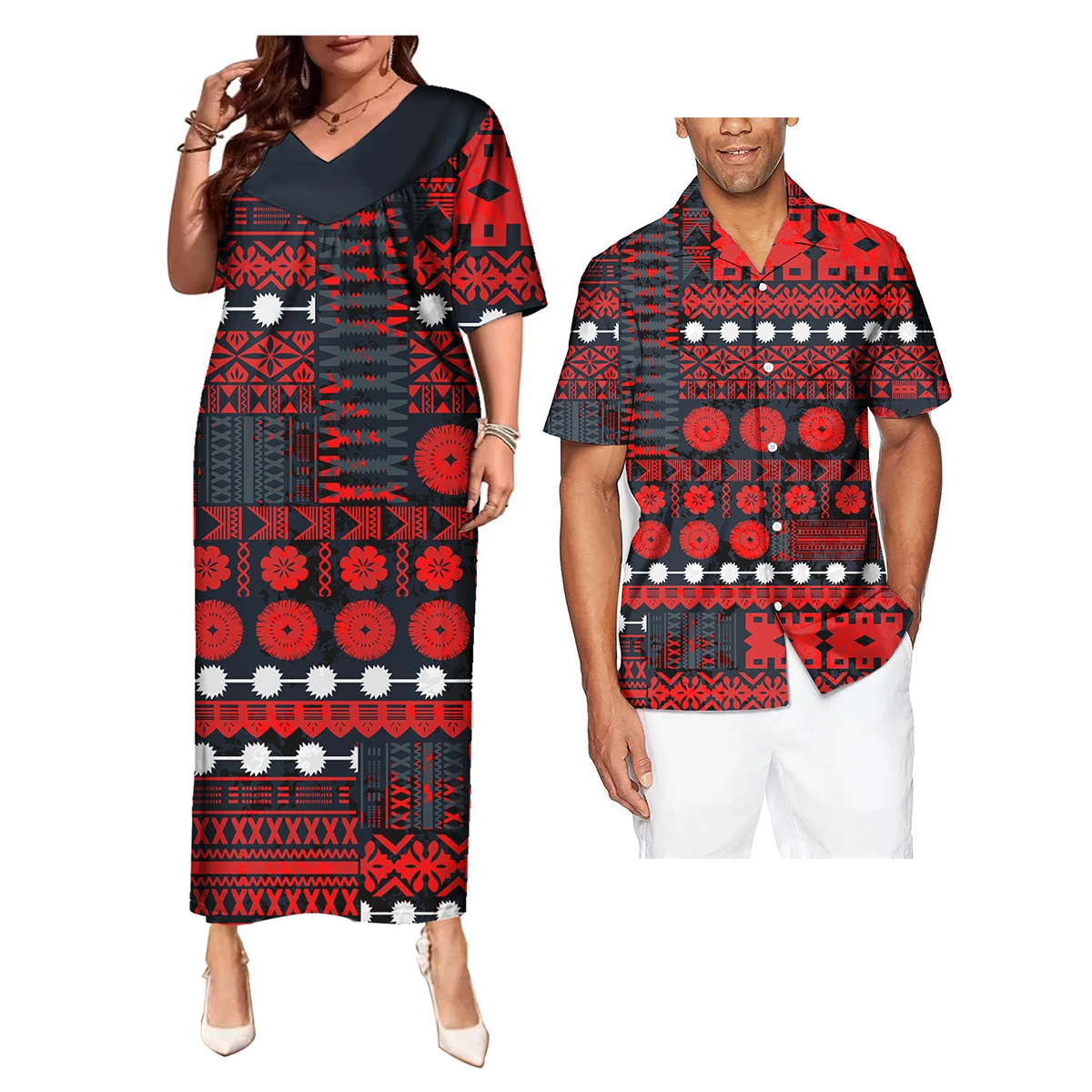 Wholesale Hawaiian Printed Couples Clothing Dress And Shirts Vintage Polynesian Tribal Floral Print Short Sleeve Couple Clothes